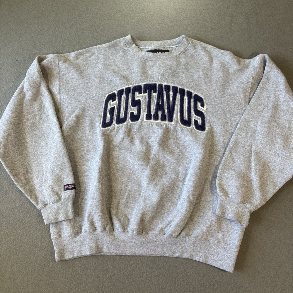 Vintage JanSport Gustavus College Sweatshirt XL USA Gray Chenille Spellout 90s